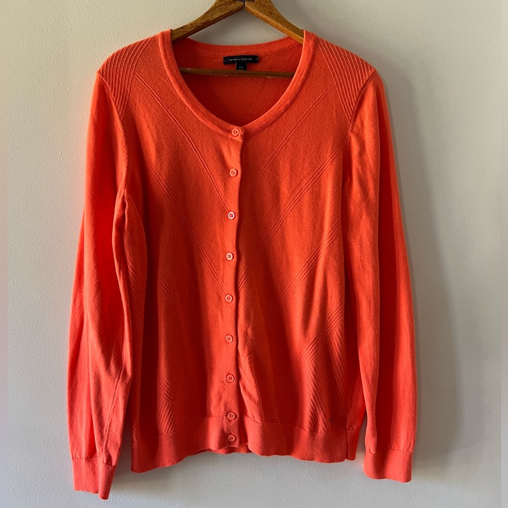 TOMMY HILFIGER Orange Pink Salmon Sweater Cardigan Knit, Large, preppy, classic